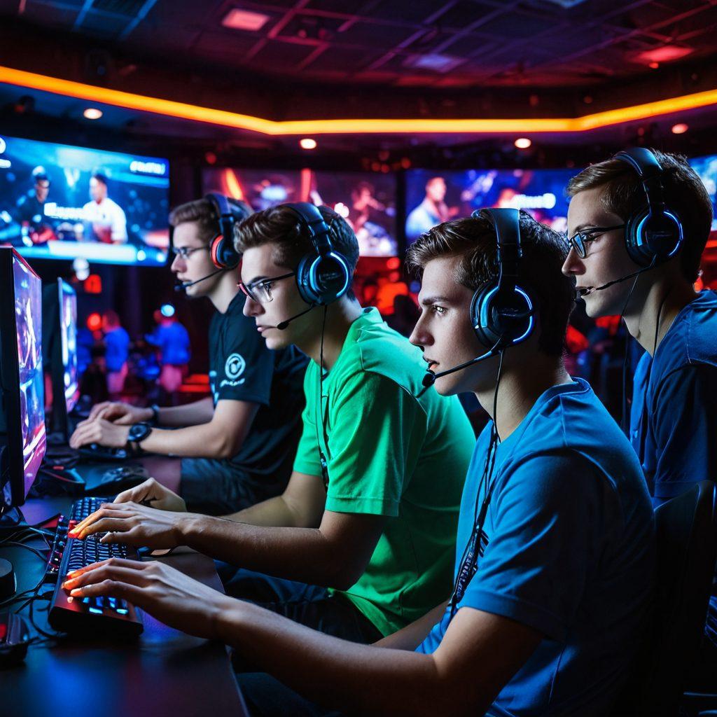 A dynamic scene capturing the essence of competitive gaming, featuring a diverse group of gamers immersed in a vibrant, high-tech gaming arena, with neon lights and screens showcasing thrilling gameplay. Include elements like headsets, controllers, and a leaderboard displaying top players. The atmosphere is electric, filled with excitement and anticipation. Hyper-realistic style with vivid colors and sharp contrasts.