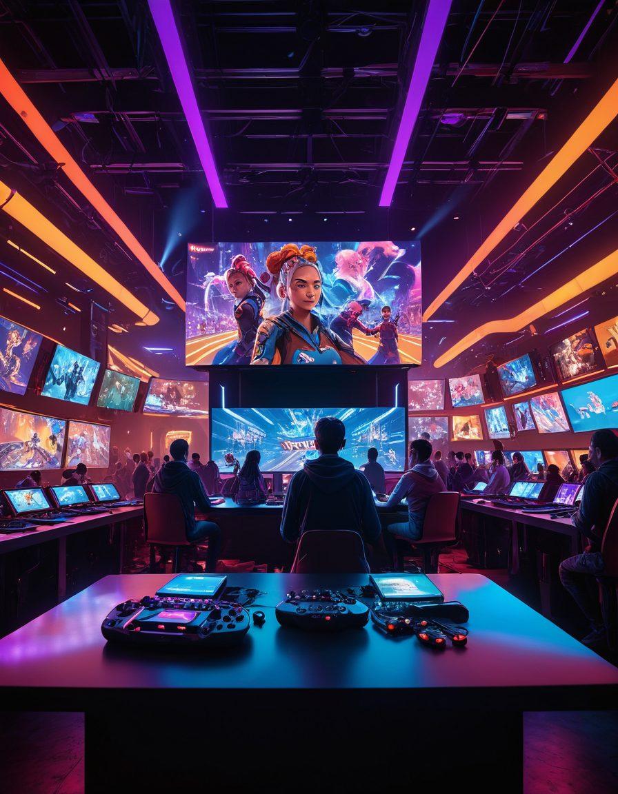 A dynamic scene of diverse gamers intensely focused on their screens, set in a futuristic gaming arena illuminated with neon lights. Include elements like gaming consoles, vibrant holographic displays showcasing various games, and cheering crowds for added excitement. Capture a sense of competition and community with colorful character avatars in the background. super-realistic. vibrant colors. 3D.