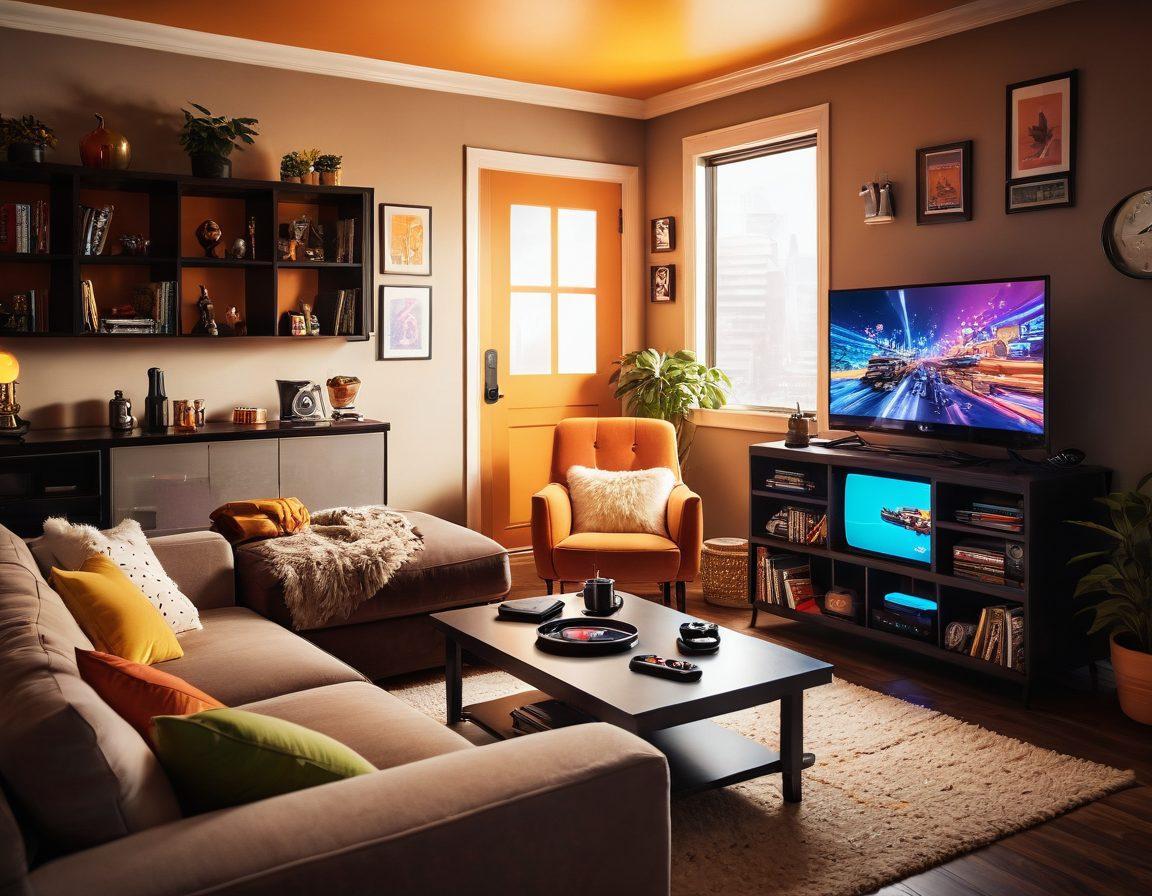 An animated scene showing a cozy living room with a comfortable couch, a large TV displaying a video game streamer in action, and enthusiastic viewers around it. Vivid illustrations of various gaming devices on display, with scattered game controllers, snacks, and drinks. Include a timeline overlay highlighting the evolution of streaming services in a fun, engaging way. Retro gaming elements blended with modern technology for a nostalgic yet fresh feel. vibrant colors. digital art.